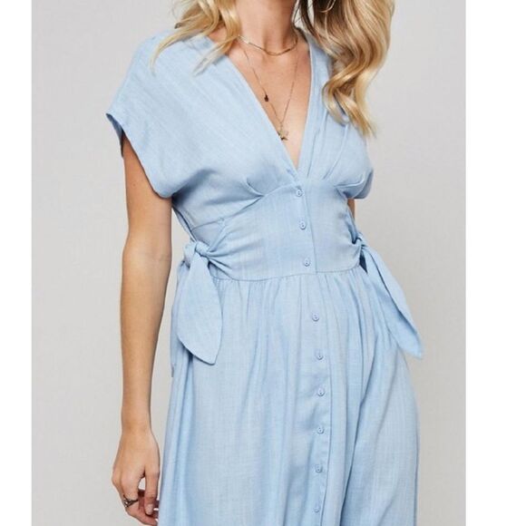 Promesa Linen Blend Tan Side Tie Midi Dress size Large - Picture 4 of 7